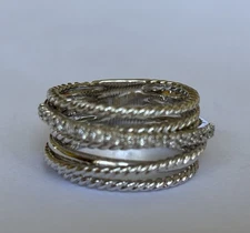 Authentic David Yurman Sterling Silver Twist & Diamond Multi Band Ring Size 6.5
