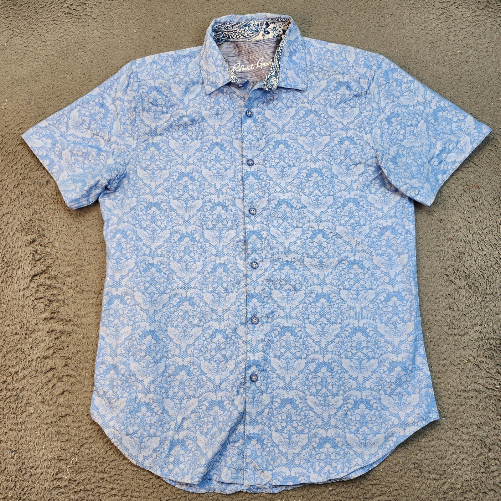 Robert Graham Shirt Mens Small Blue Damask Classic Fit Short Sleeve Button Front