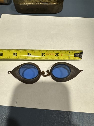 Antique 19thC Civil War Era Blue Lens Brass Mesh Artillery Safety Goggle Glasses