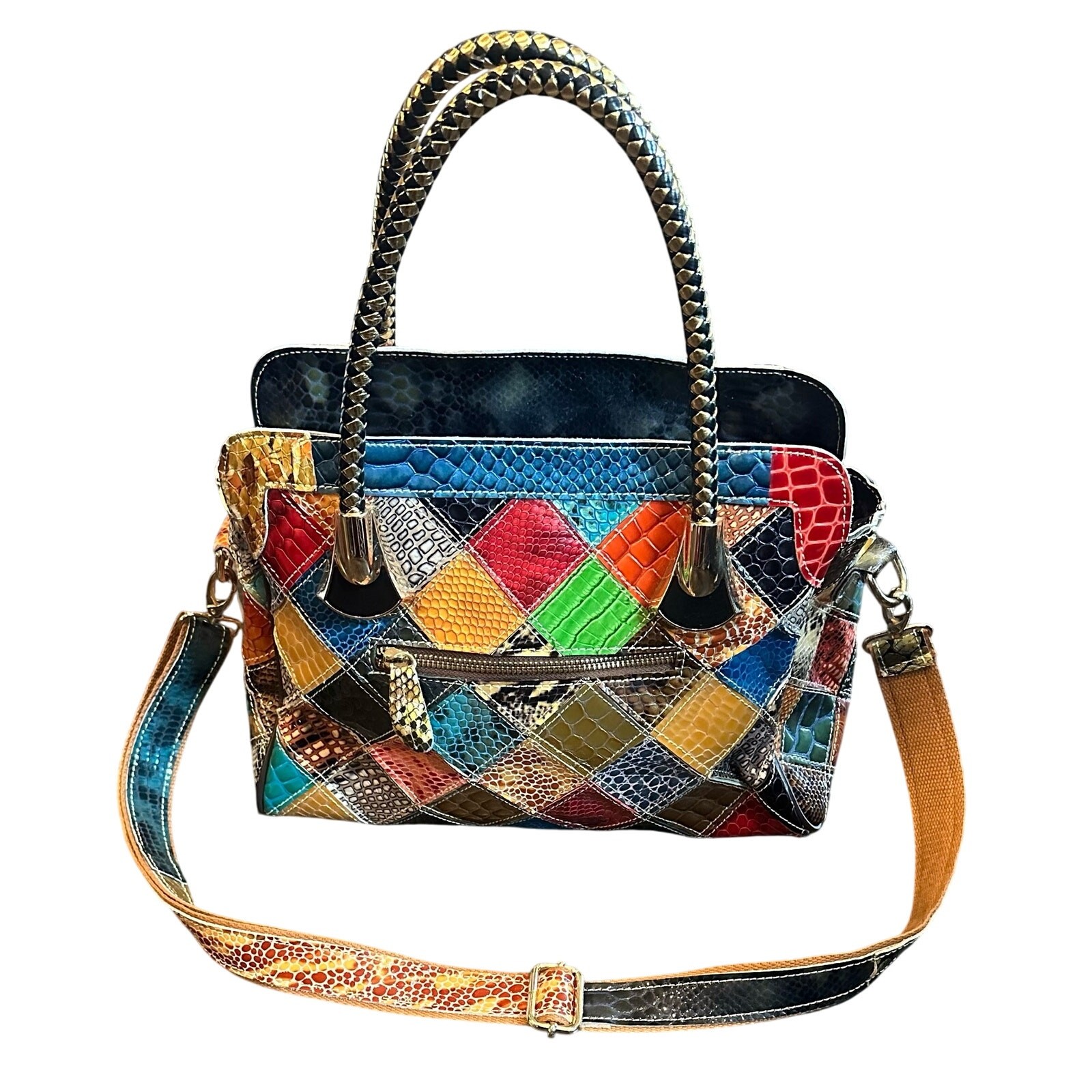 Vintage Leather Snake Blocks Patchwork Handbag Sa… - image 1