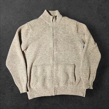 LL Bean Cardigan Sweater Mens Large Beige Full Zip 100 Lambswool Knit Heavy