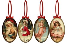 12 VINTAGE INSPIRED OVAL CHRISTMAS ORNAMENTS GLOSSY LAMINATED