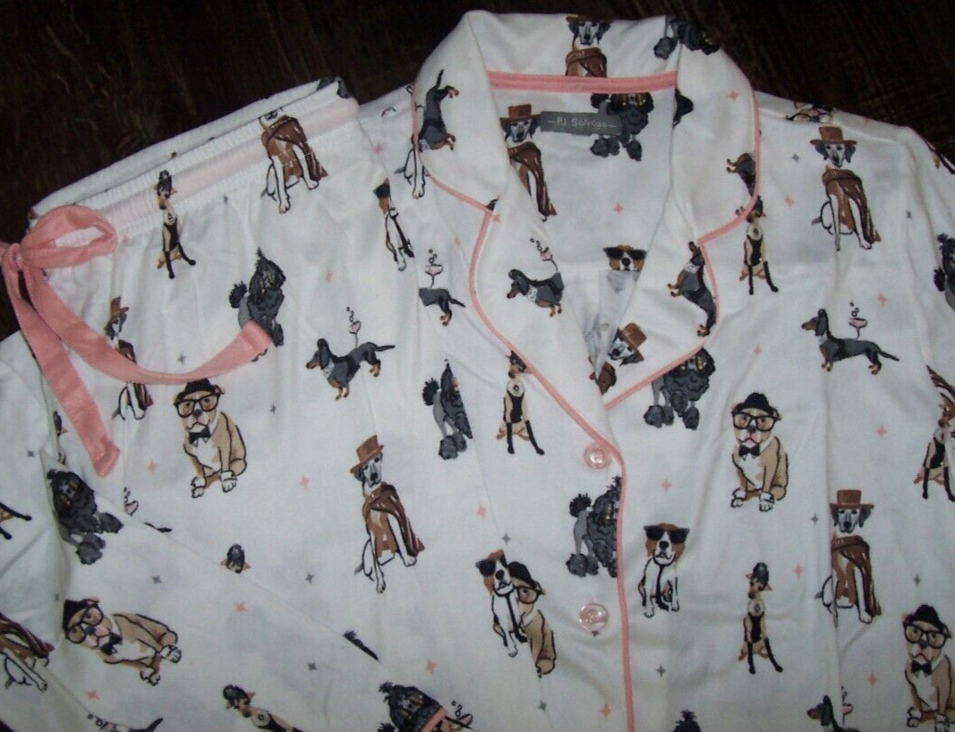 NWT PJ Salvage Ivory/Pink CURIOUS DOGS in HATS/GLASSES Peachy Knit Pajama Set L