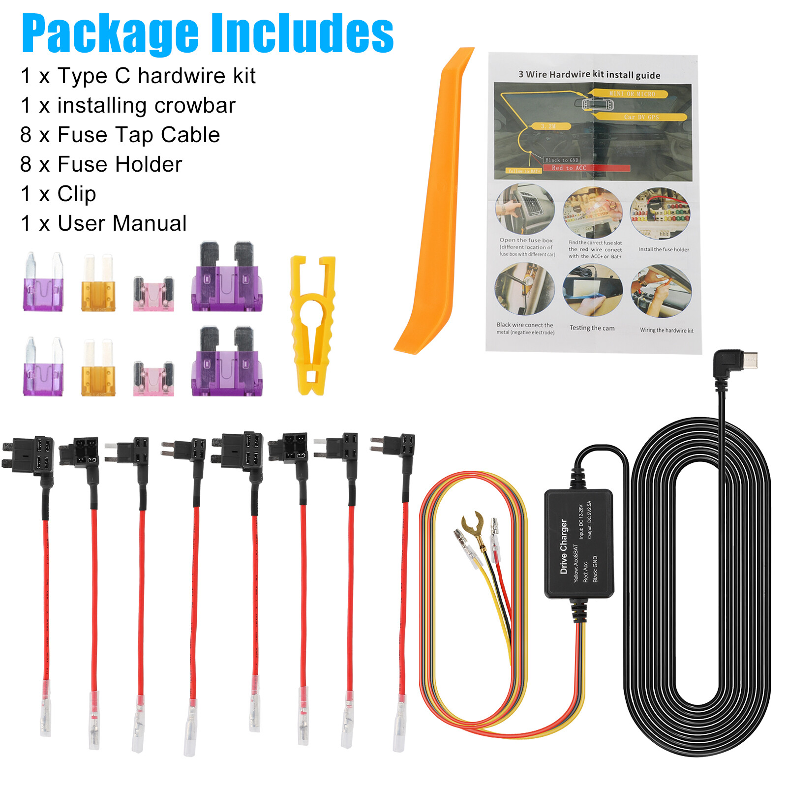 Universal Dash Cam Hardwire Kit USB C Hard Wire Cable Fuse 1224V for