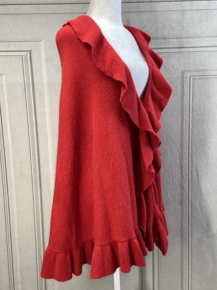 Boston Proper Pancho Mujer Rojo Frente Abierto Volantes Angora Capa Envoltura Romántico Foto 3 de 4