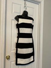 Calvin Klein Black/Ivory Sleeveless Stripe Thick Knee Length Dress Sz 4 NWOT