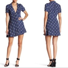 Free People Melody Print Mini Blue Shirt Collar Swing Babydoll Dress Size 0
