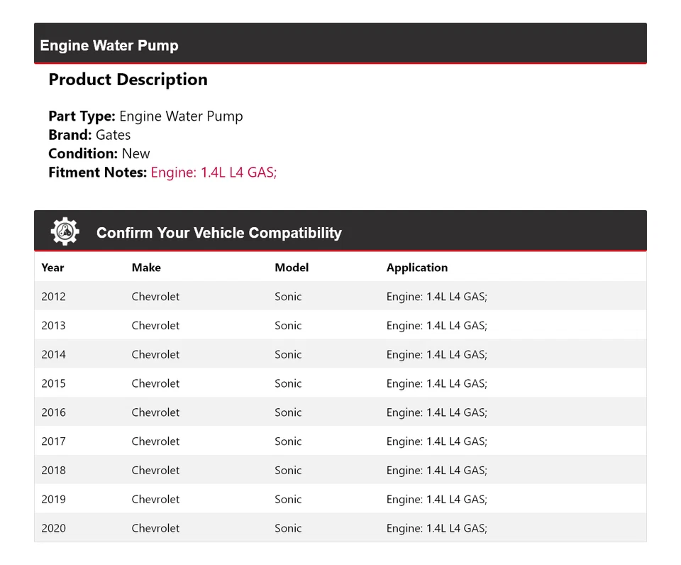 Para Chevrolet Sonic 2012-2020 1,4 L L4 Motor Gas Bomba Agua Puertas 2013 2014 2015 Foto 2 de 4