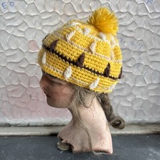 Vintage 1950s 1960s Yellow Brown  Whit Knit Beanie Hat Headpiece Pom Pom Winter