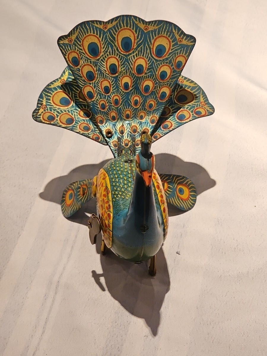 Vintage Tin Litho Wind-up Proud Peacock Alps Japan free shipping