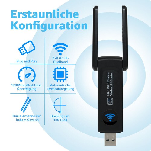 USB 3.0 PC WIFI Adapter WLAN Stick 1300Mbps 5GHz Dual Band Dongle Antenne Neu - Afbeelding 7 van 8