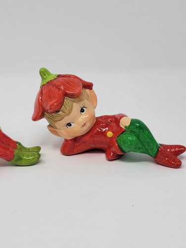 Vintage Pixie Gnomes Elves Flower Hat Figurines Pair - Picture 3 of 9