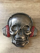 Skeleton Skull With Rhinestone Headphone Metal Belt Buckle