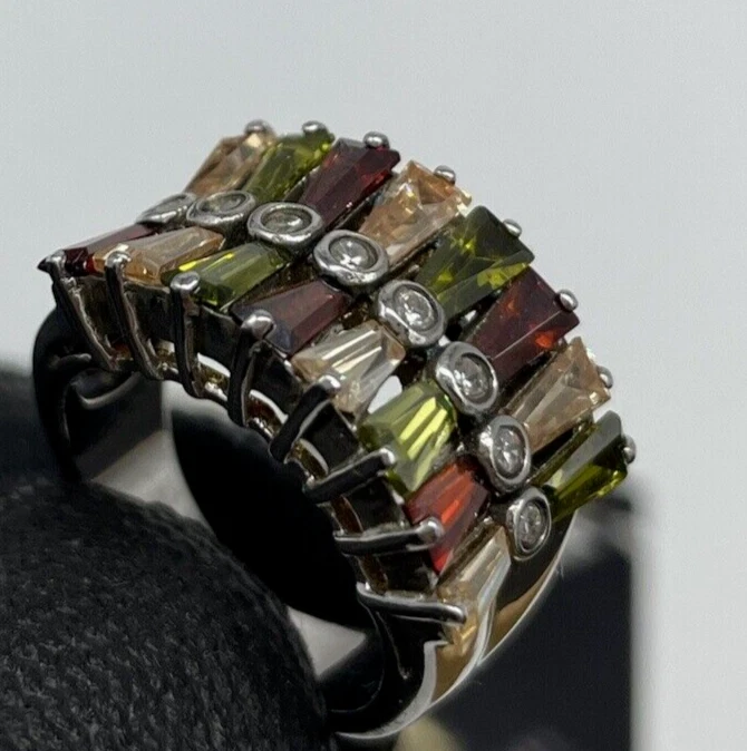 ANELLO DONNA DOPPIA ARCATA DI PIETRE BAGUETTE CRISTALLI MULTICOLORE ARGENTO 925. - Immagine 2 di 4