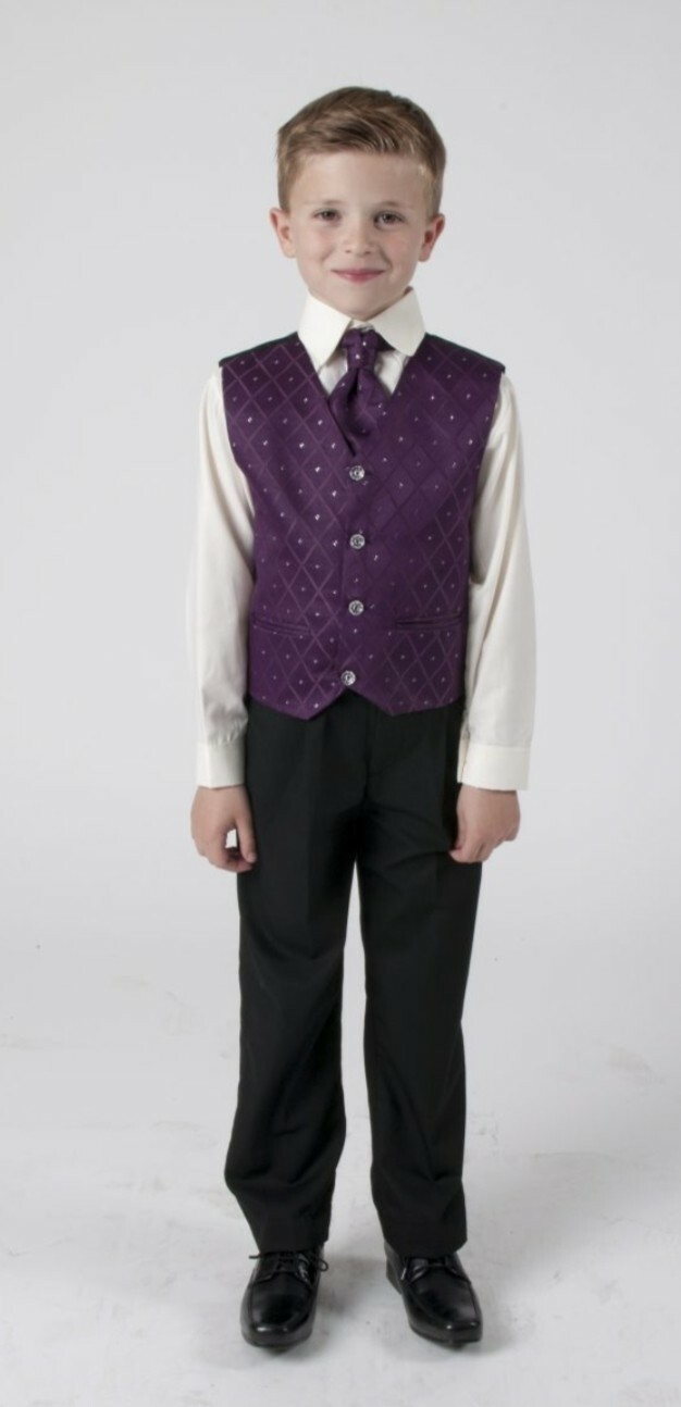 NEW BABY BOYS 4 PIECE SUIT VIVAKI PURPLE BLACK TROUSERS WAISTCOAT TIE SHIRT