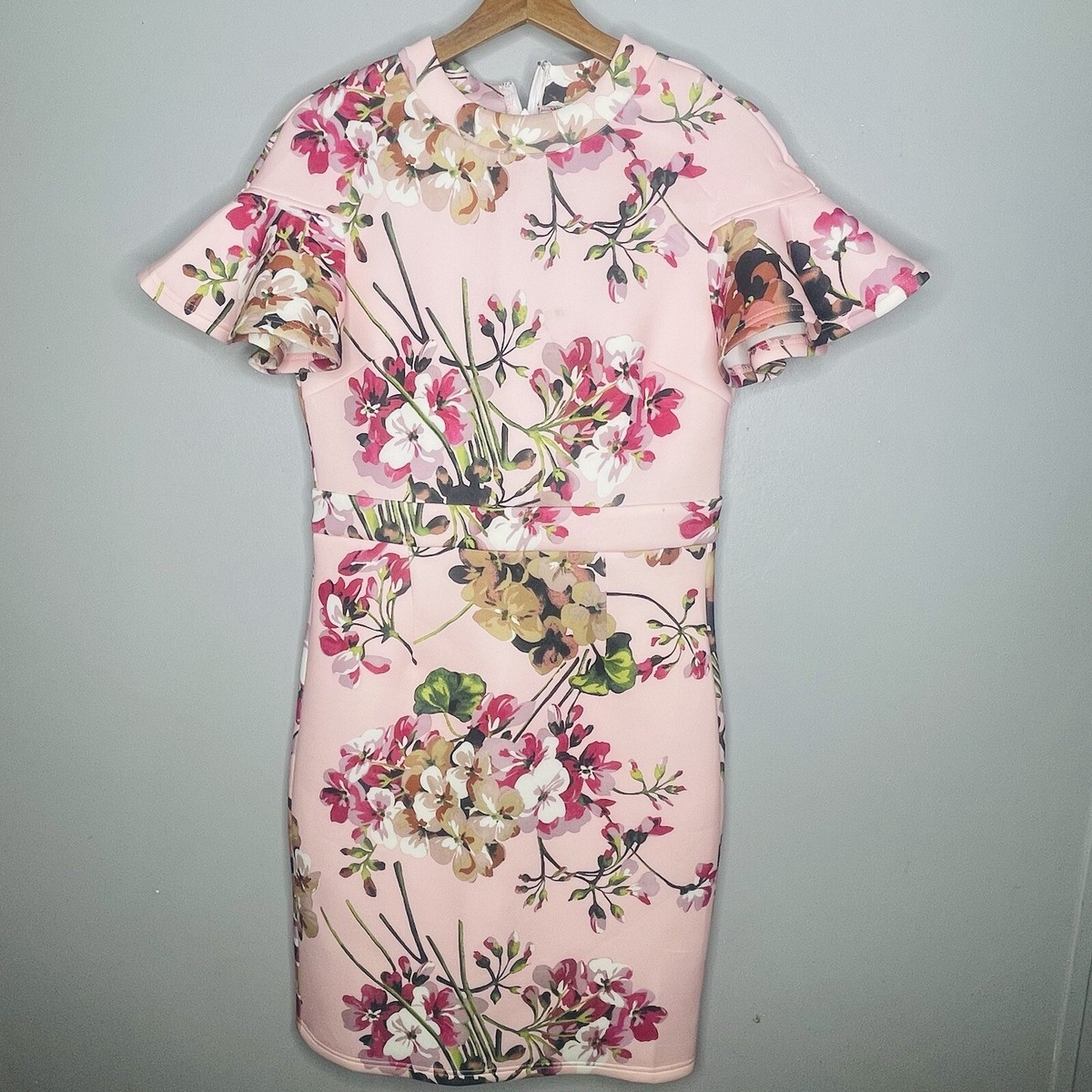 Akira women’s pink floral ruffle sleeve midi dress size large zips in back  new