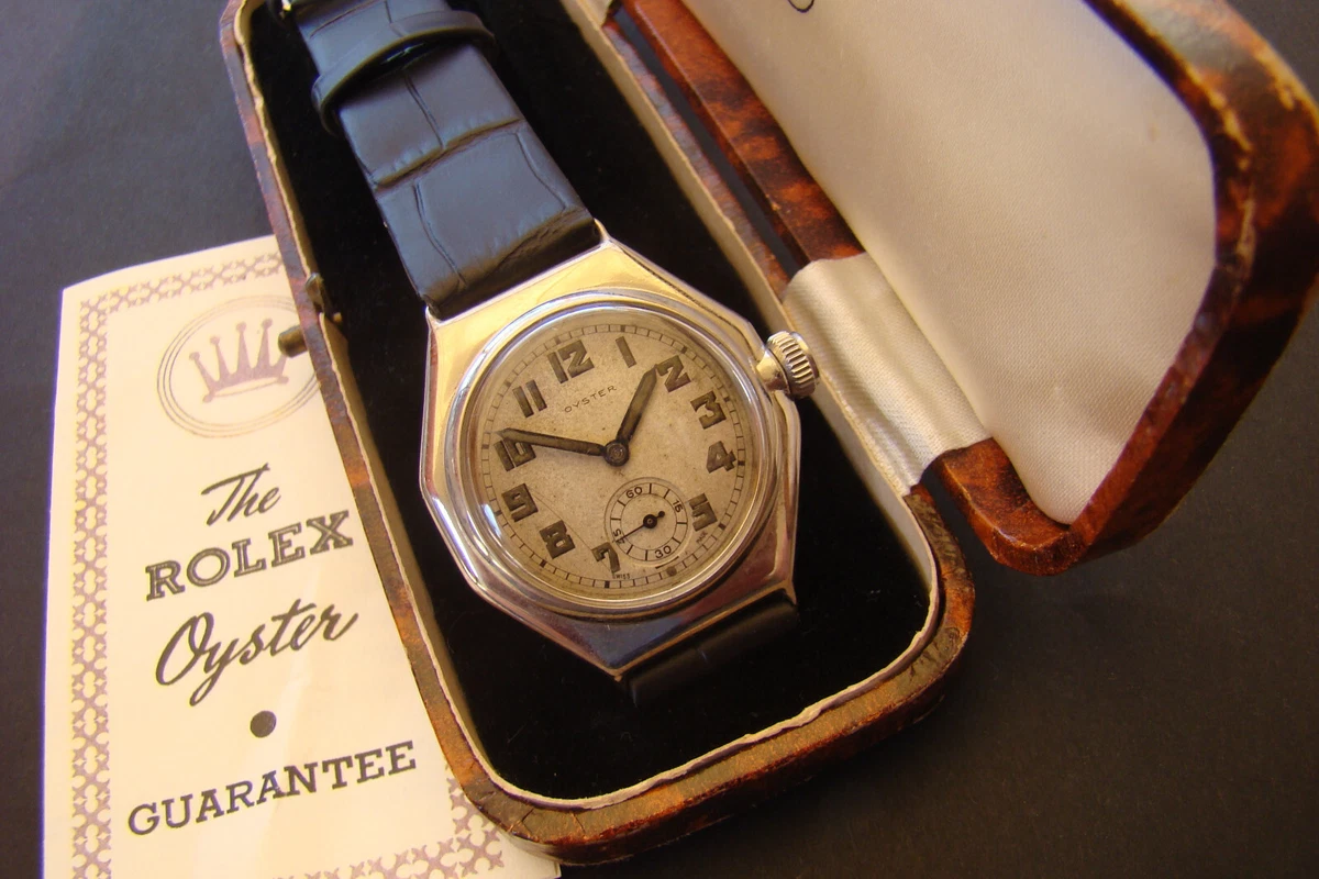 ANTIQUE 1930 s ROLEX OYSTER OCTAGONAL CUSHION GENTS WATCH BOX PAPER
