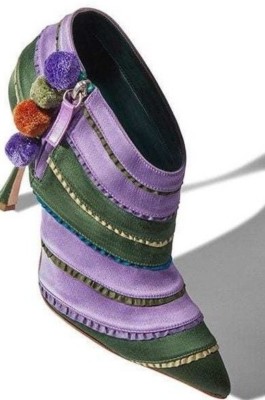 $1095 NEW Manolo Blahnik OVIEDA Satin Ankle Boots Green Purple Pompom Shoe 37 36