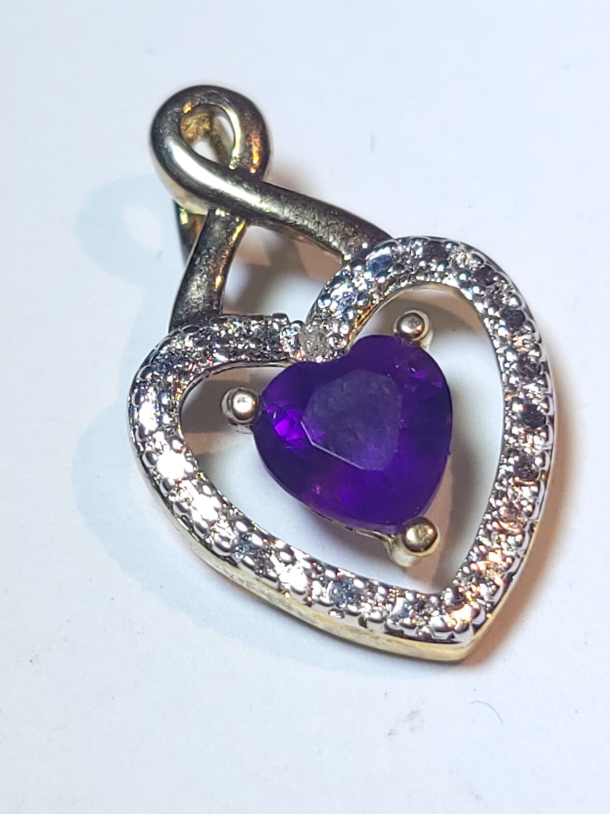 Sterling Silver Heart Pendant Diamond Amethyst Gold Vermeil Purple Vintage 925