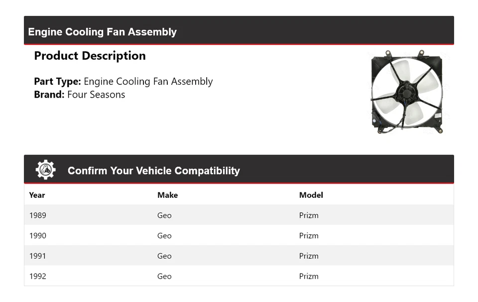 For 1989-1992 Geo Prizm Engine Cooling Fan Assembly 4 Seasons 1990 1991 - Image 2 of 4