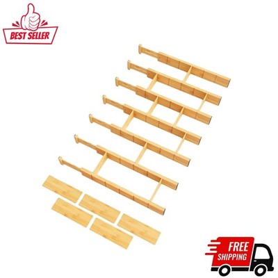 NEW Bamboo Drawer Dividers 7PCS Adjustable 17-22in w Inserts Labels Natural