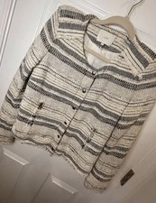 IRO women s Agnette Sz 1 Ivory Black Cotton Fitted Distressed Frayed Zip Jacket