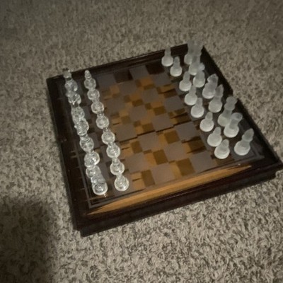 Wood Chess & Backgammon Combo Board Game Set w/ Clear & White Glass Pieces