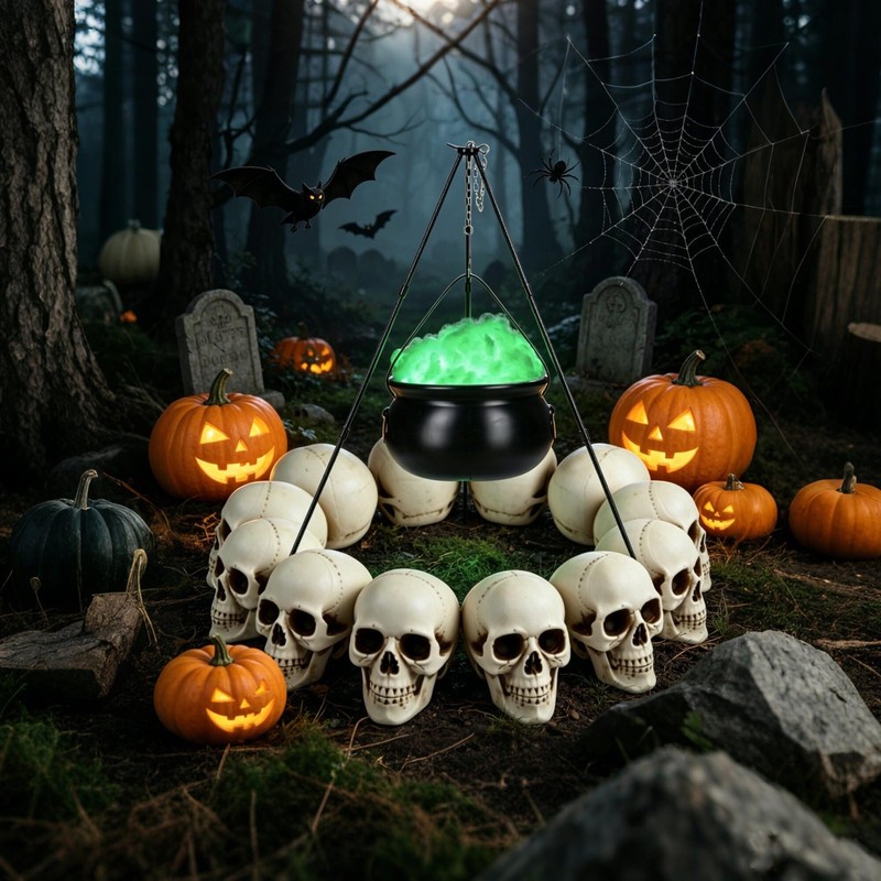 Yescom 12PCS Life-Size Skulls w/ Cauldron Tripod LED Lights Halloween Decor