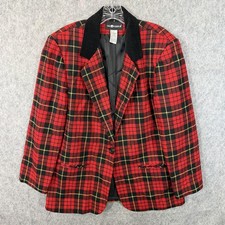 Sag Harbor Blazer Jacket Womens 12 Red Plaid Wool Blend Velvet Collar Lined