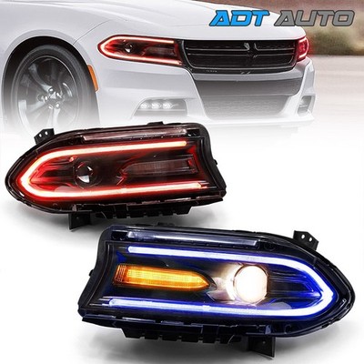 Pair RGB Colorful Headlights For Dodge Charger 2015-2023 DRL LED Halogen Lamps