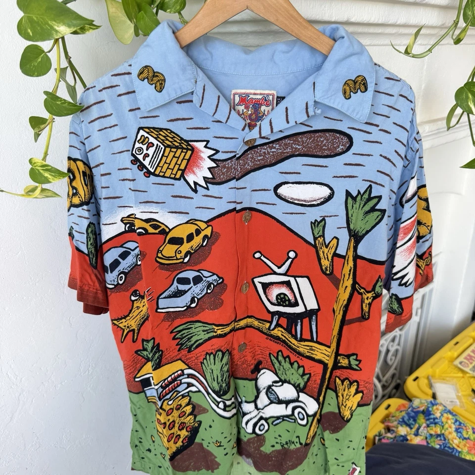 Camisa de Colección Mambo Loud Estampado Fin de Semana Perdida Rayón Cuello Lazo Camisa Talla Pequeña Foto 2 de 4