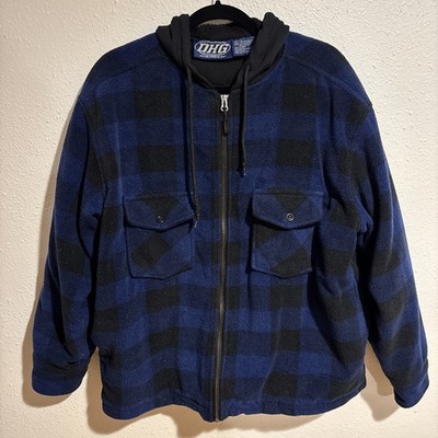 DHG Dutch Harbor Gear Hooded Workwear Fleece Jacket Blue Black Plaid Men s M