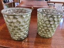 PAIR OF GREEN MERCURY GLASS VOTIVE OR TEALIGHT CANDLE HOLDERS