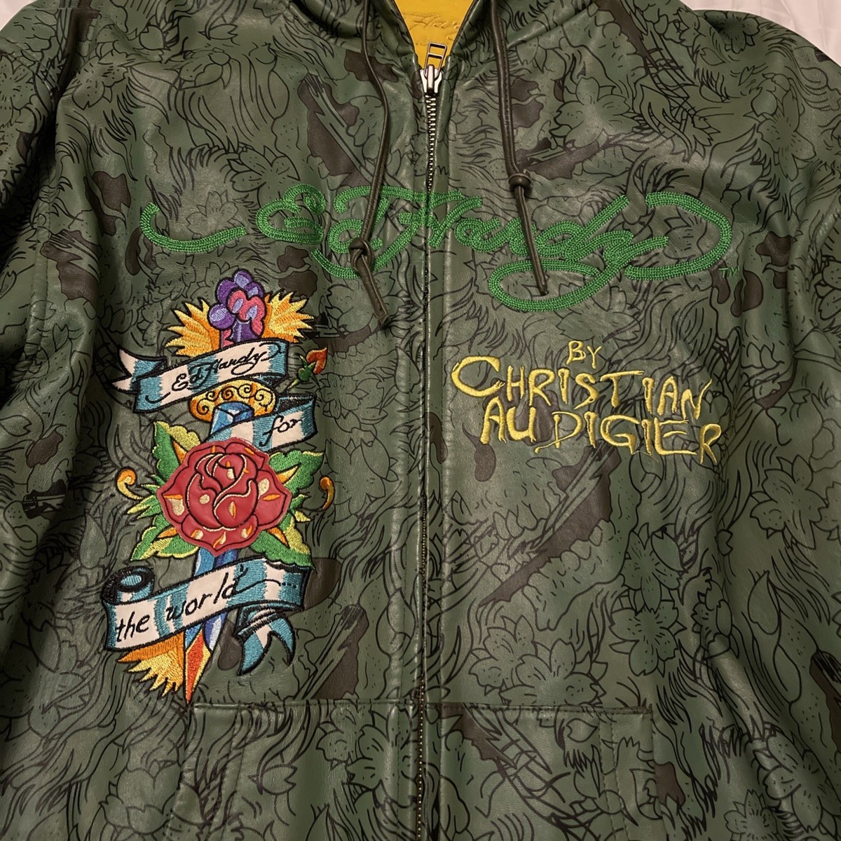 Vtg Christian Audigier Ed Hardy Green Leather Bomber Jacket XL