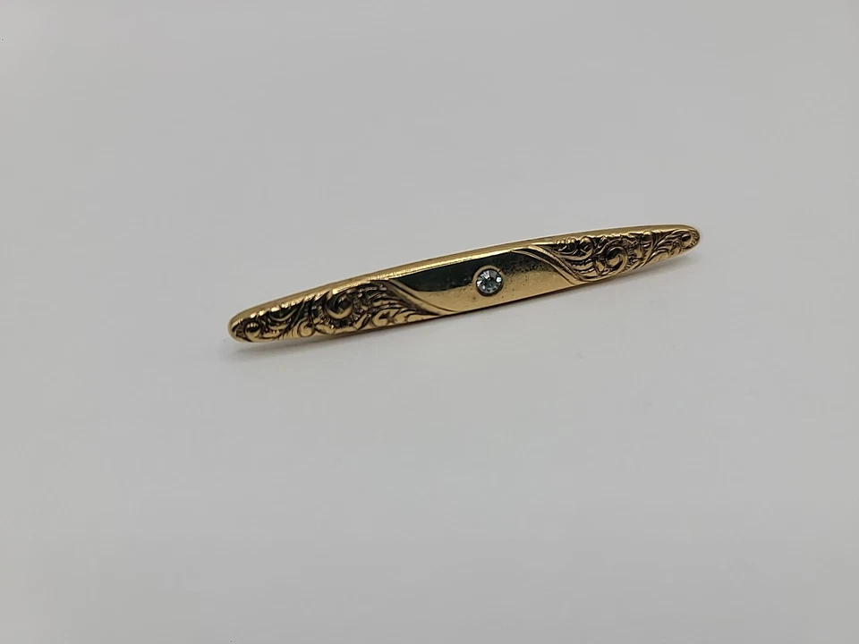 Vintage Avon Brooch Pin Bar Gold Tone Embossed White Crystal Jewelry Costume - Image 4 of 4