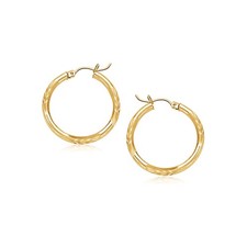14k Yellow Gold Fancy Diamond Cut Slender Small Hoop Earrings 2x15mm 