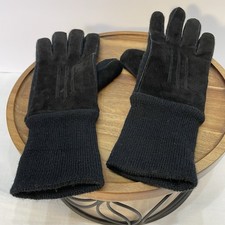 Ladies Gloves Black Suede Leather with Ribbed Knit Cuff One Size Fits All