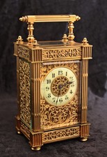 SUPERB ANTIQUE FRENCH CARRIAGE CLOCK, FULL GILT FILIGREE ON 3 SIDES, WORKS, 6.5