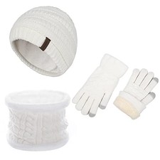 3 Pieces Winter Beanie Hat Scarf and Touch Screen Gloves Set Warm Knit White