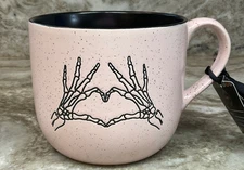 Large Halloween Coffee Mug Skeleton I Love You Heart Hands. Pink And Black. New.