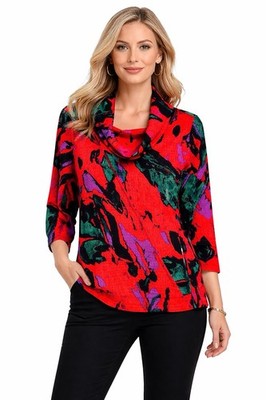 Calessa Red Top Artsy Abstract Blouse Cowl Neck Textured Bright Tunic Sz PL NEW