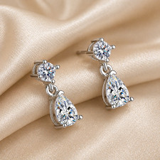 Platinum Plated Teardrop CZ Drop Earrings Pear Cut Minimalist Gift for Her