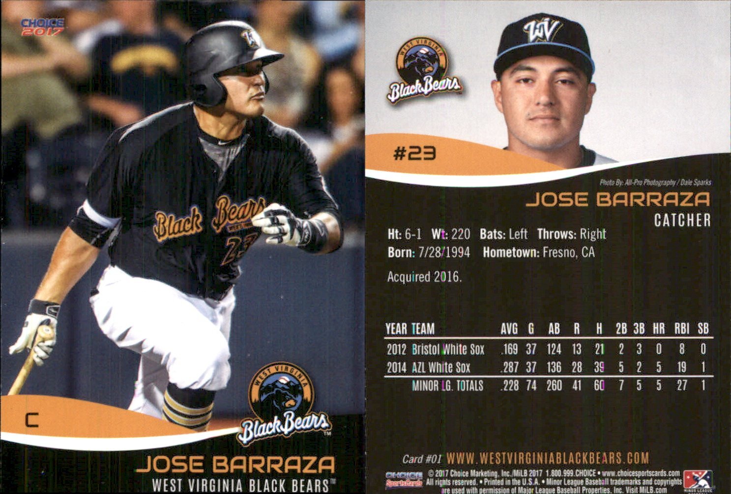 Jose Barraza 2017 Choice West Virginia Black Bears 1 RC Card eBay