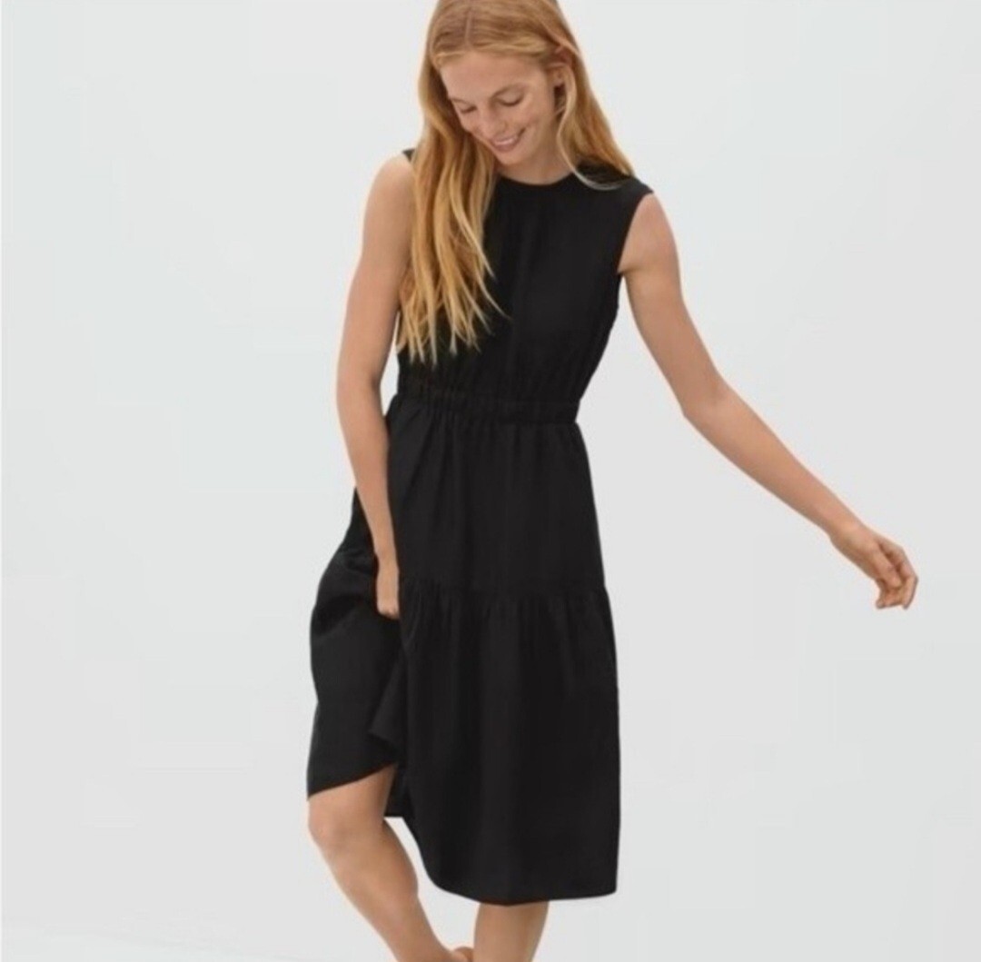 Everlane The Linen Open Back Dress Black Sleeveless Tiered Midi Size 00 NWT  | eBay