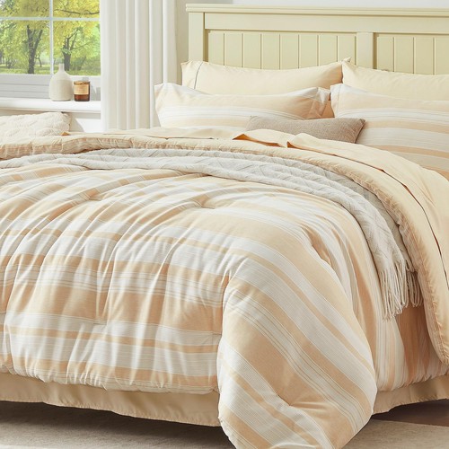 UNILIBRA Beige Twin Size Comforter Set, 5 Pieces Bed in a Bag Striped