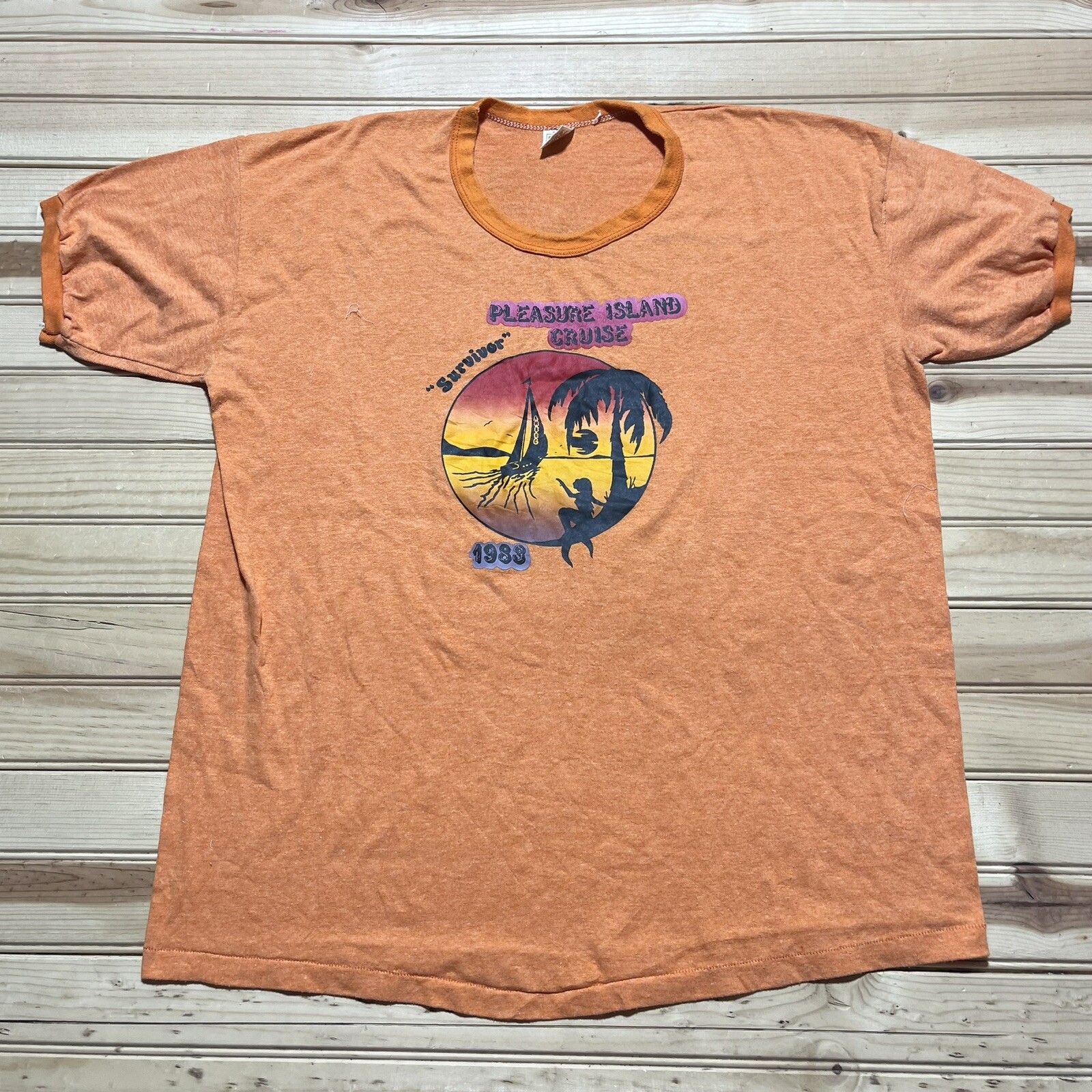 Vintage 80s Pleasure Island Cruise Survivor Ringer Tee Single Stitch XL