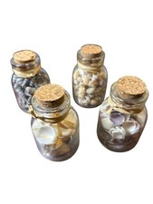 Set of 4 Glass Jars of Mini Sea Shells Cork Top Bottle Approx. 3 Inches Tall