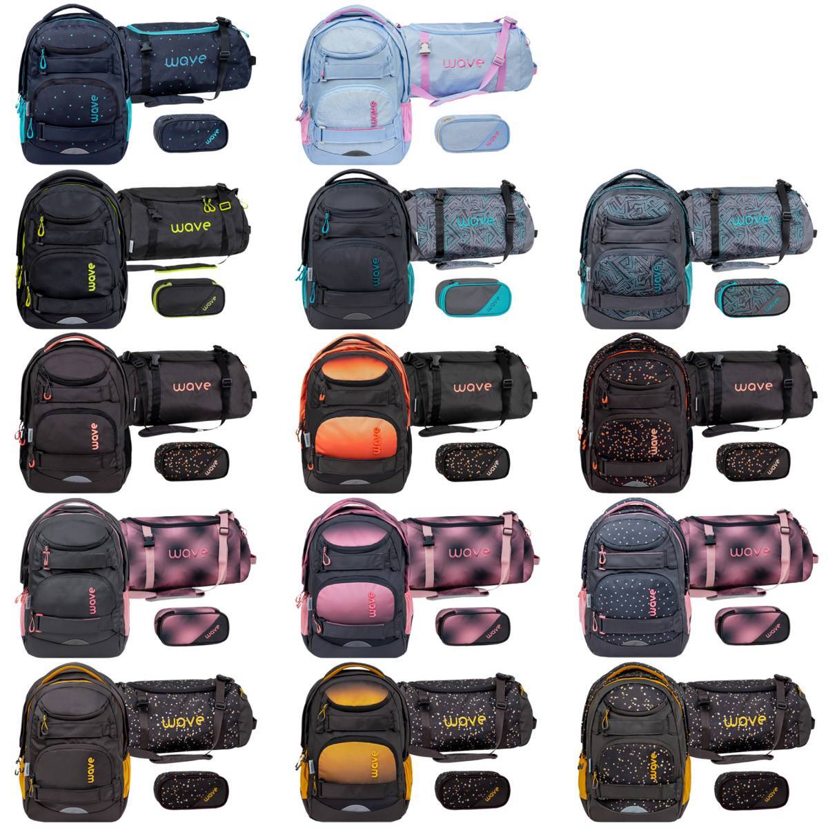 Wave Schulrucksack Set Mädchen Jungs 3tlg mit Sporttasche und Schlamper 2025