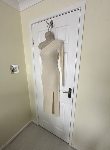 NWT Womens Mango UK 8 Cream Asymmetrical Fitted Fine Knit Slit Midi dress