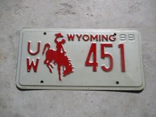 Wyoming 1988 University of WY.  license plate   #  451